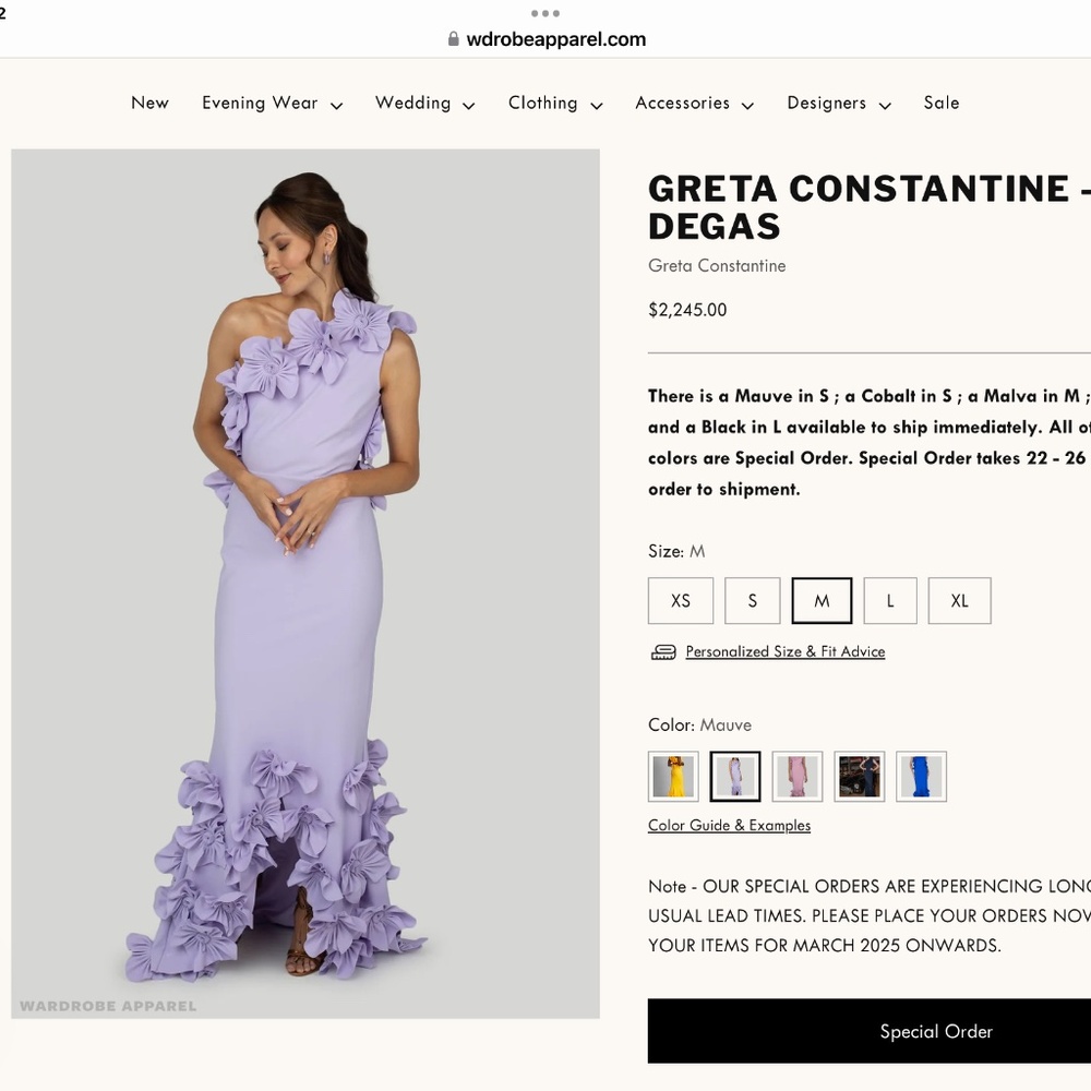 Greta Constantine designer formal gown size medium in colour Mauve